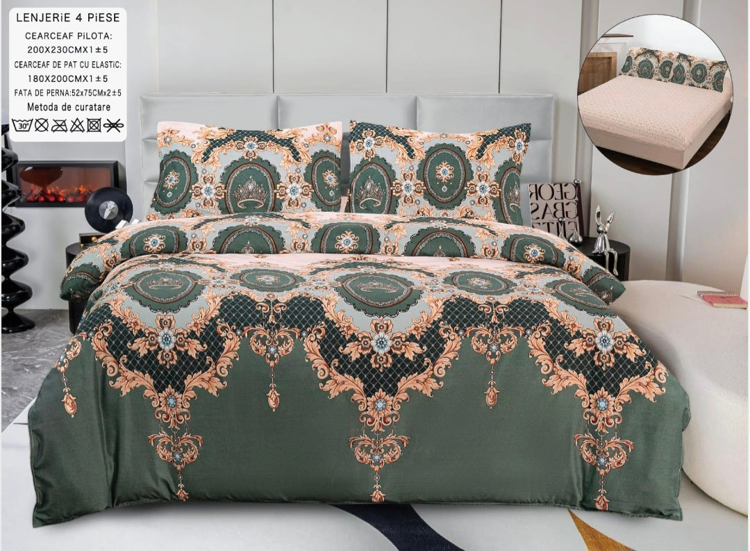 Lenjerii din bumbac satinat 4 piese cu elastic 180x200 cm