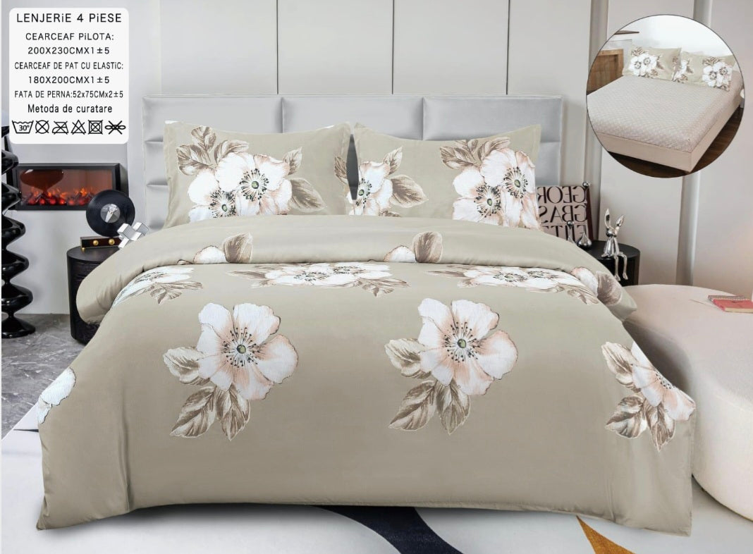 Lenjerii din bumbac satinat 4 piese cu elastic 180x200 cm