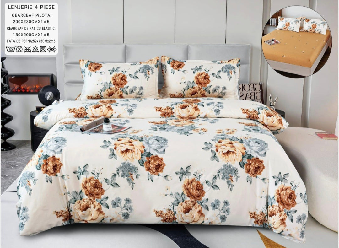 Lenjerii din bumbac satinat 4 piese cu elastic 180x200 cm