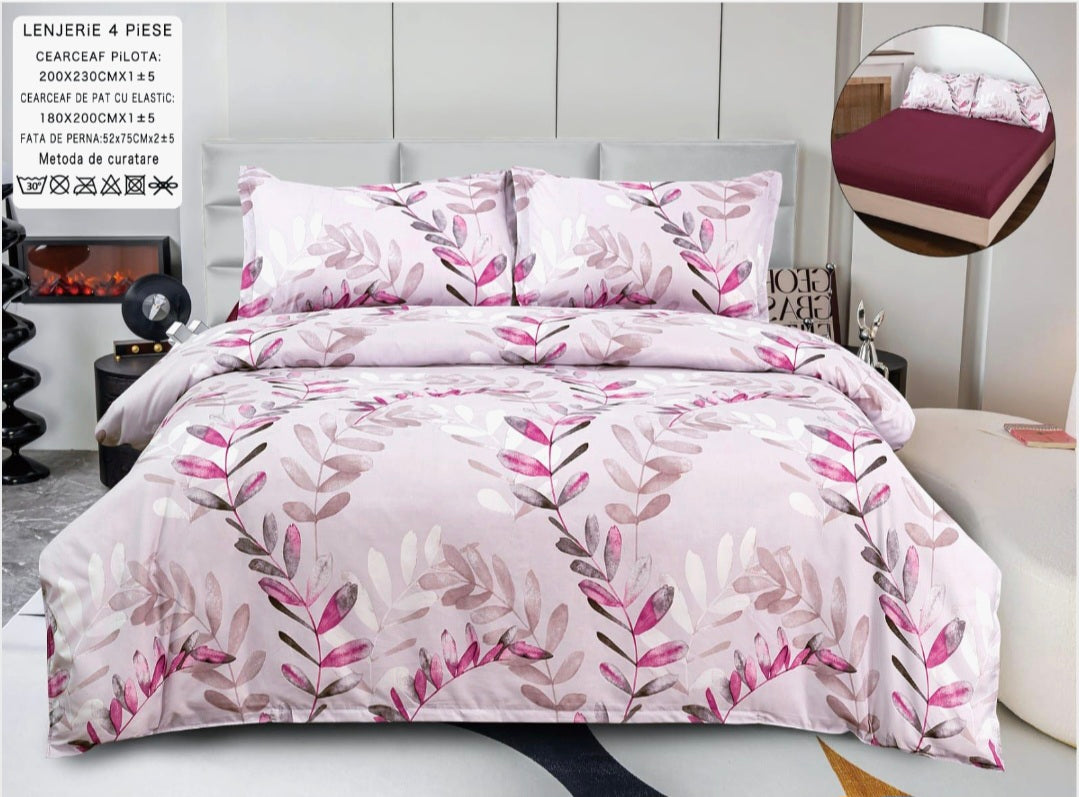 Lenjerii din bumbac satinat 4 piese cu elastic 180x200 cm