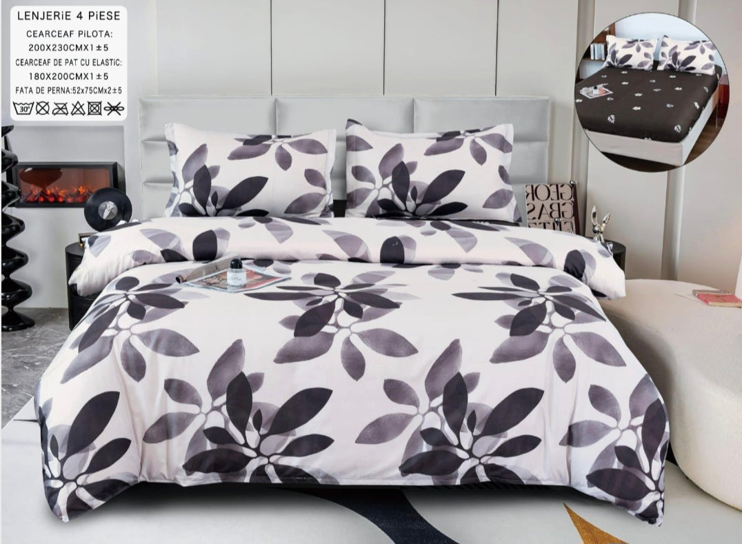 Lenjerii din bumbac satinat 4 piese cu elastic 180x200 cm