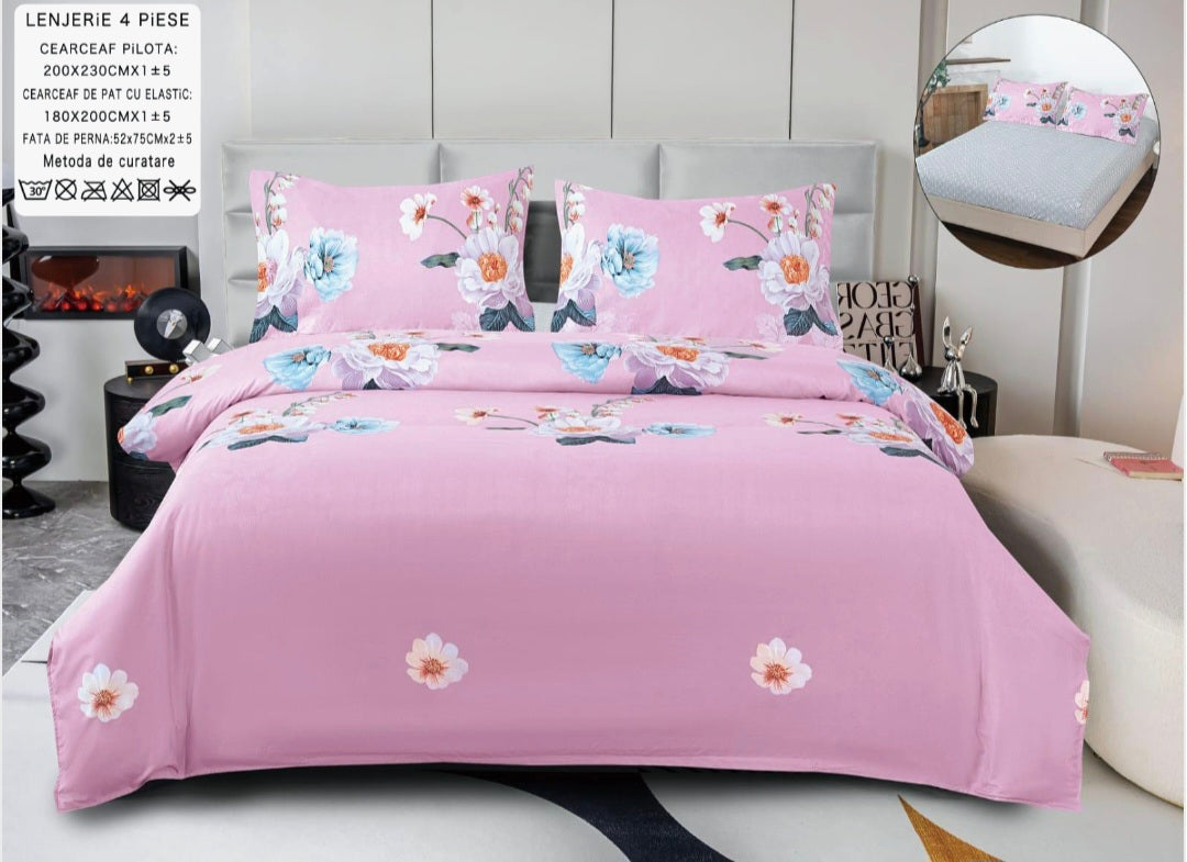Lenjerii din bumbac satinat 4 piese cu elastic 180x200 cm