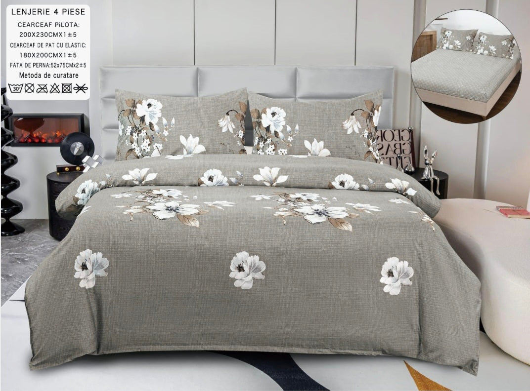 Lenjerii din bumbac satinat 4 piese cu elastic 180x200 cm