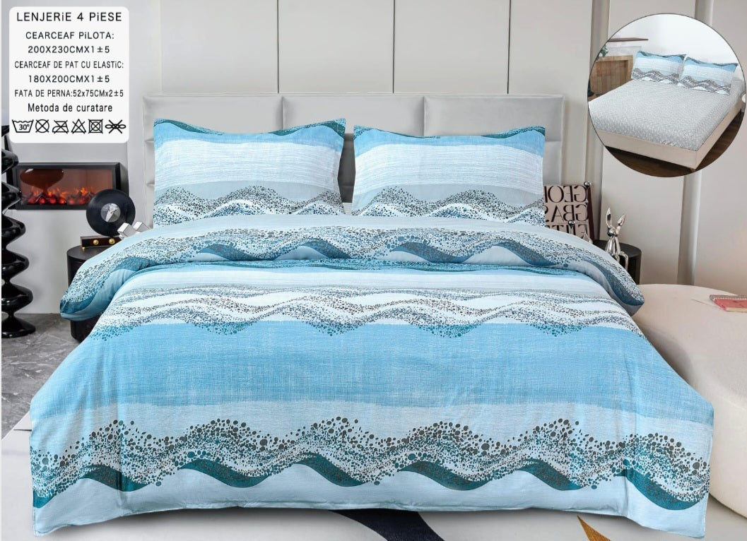 Lenjerii din bumbac satinat 4 piese cu elastic 180x200 cm
