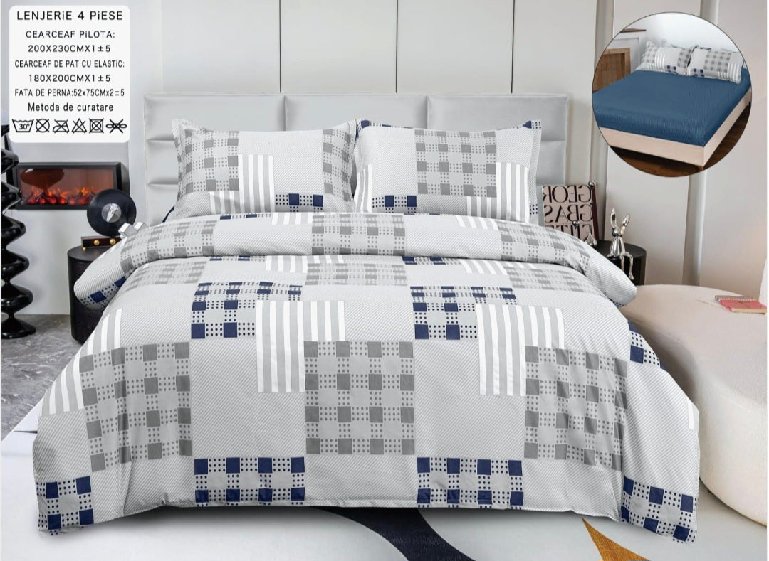 Lenjerii din bumbac satinat 4 piese cu elastic 180x200 cm